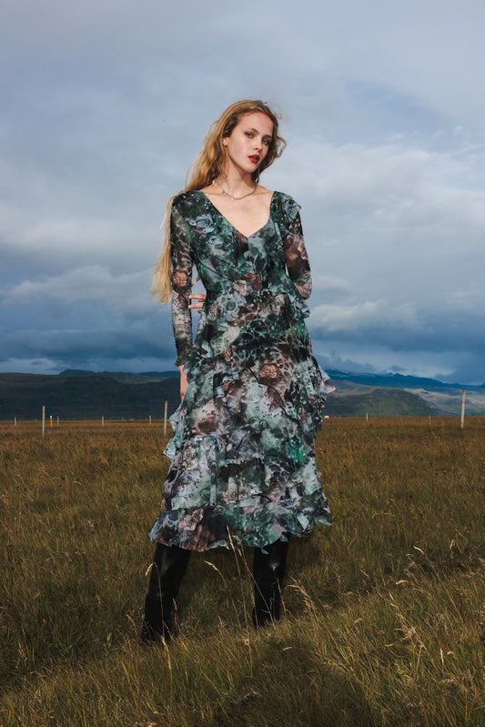 The Frill maxi dress in Dark forest