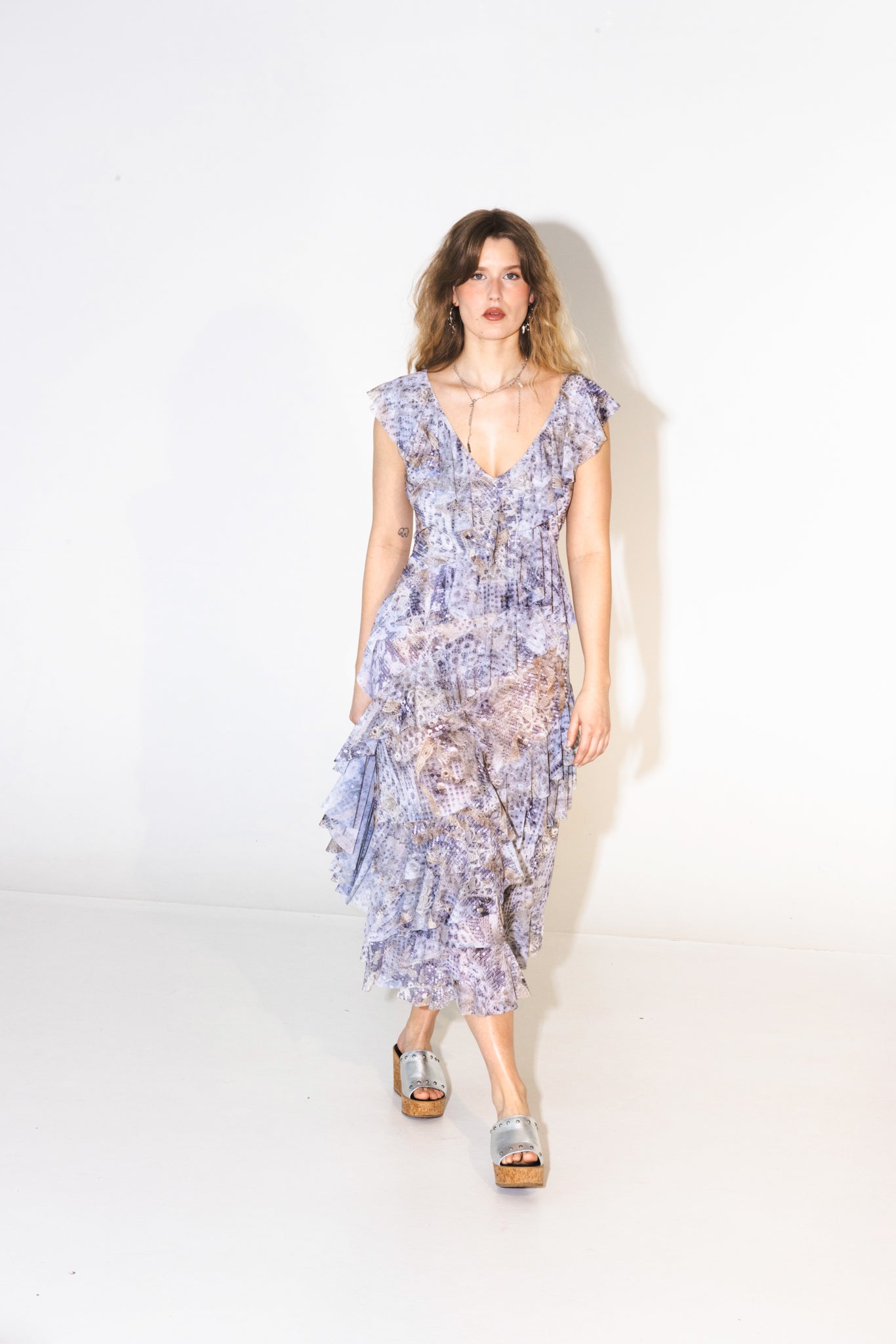 Frill Maxi Dress in Silver Current