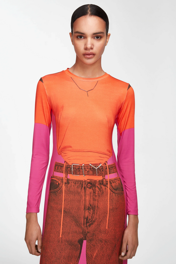 Trompe L'oeil Belt Denim Maxi Dress - Orange/Pink