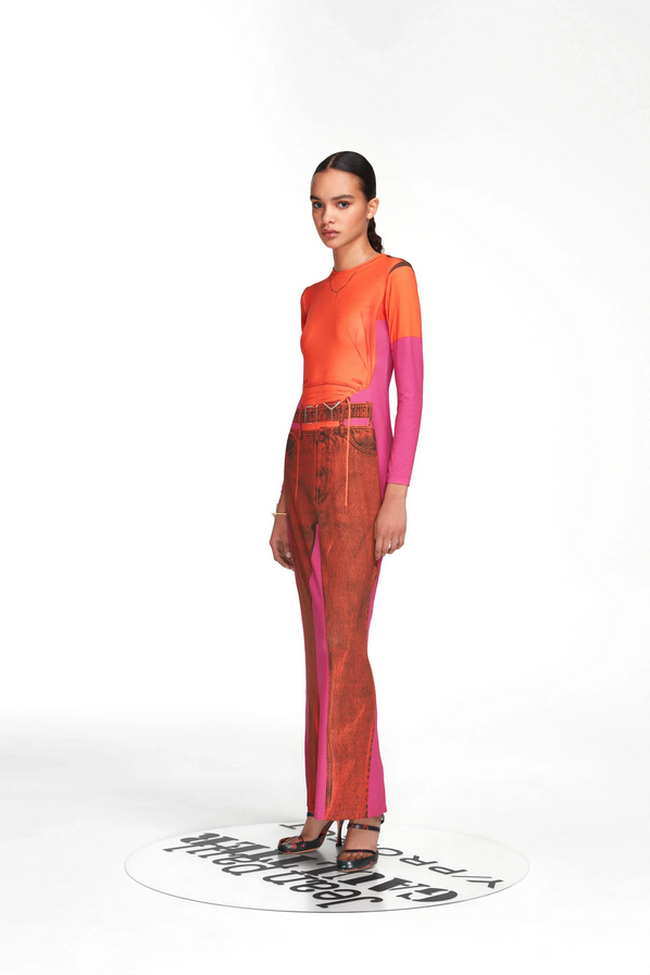 Trompe L'oeil Belt Denim Maxi Dress - Orange/Pink