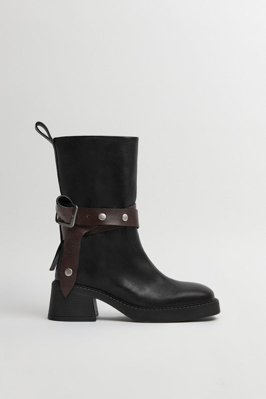 Janina Black Belted Ankle Black Leather