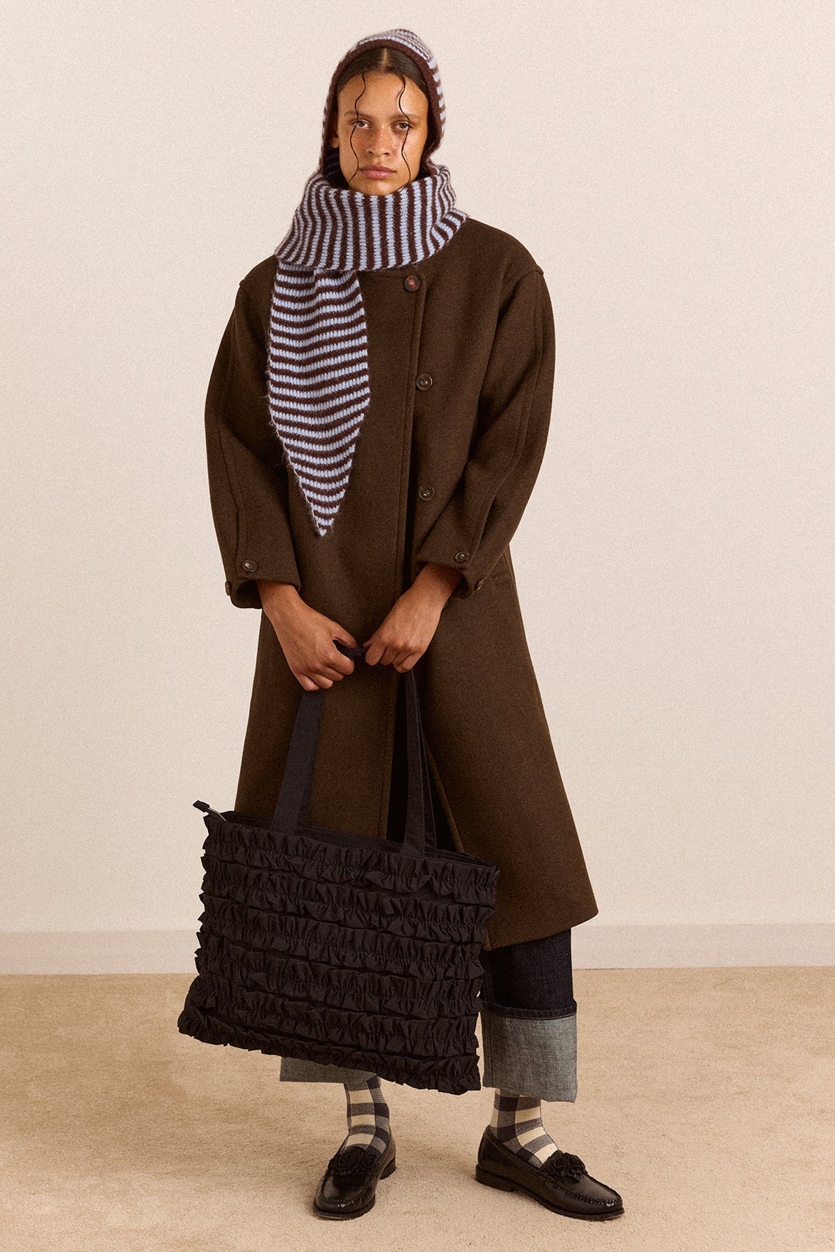 Tie Front Hood - Blue & Chocolate Stripe