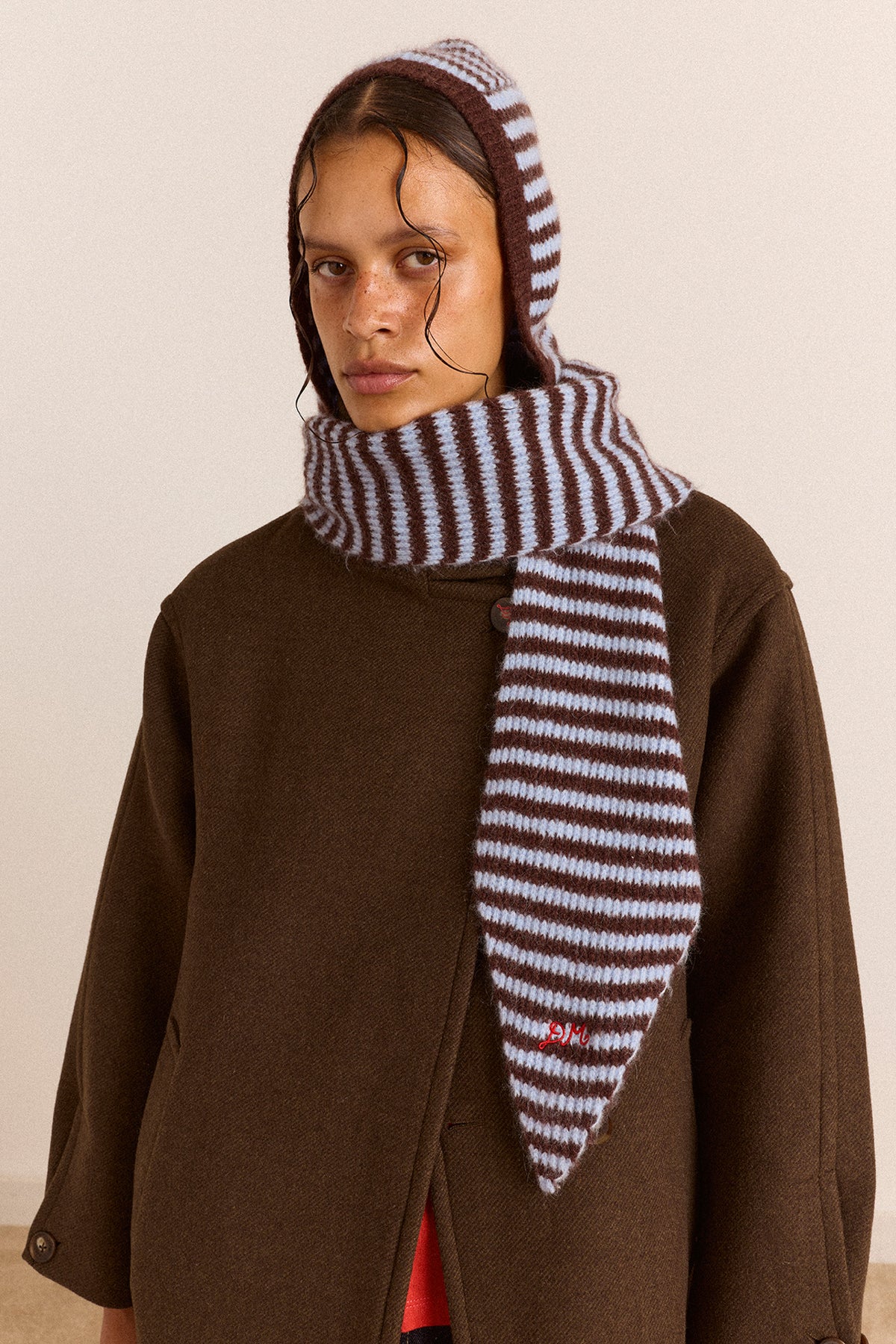 Tie Front Hood - Blue & Chocolate Stripe