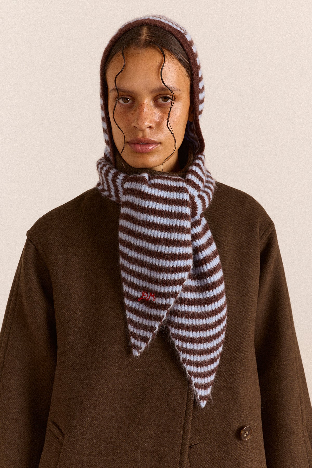 Tie Front Hood - Blue & Chocolate Stripe