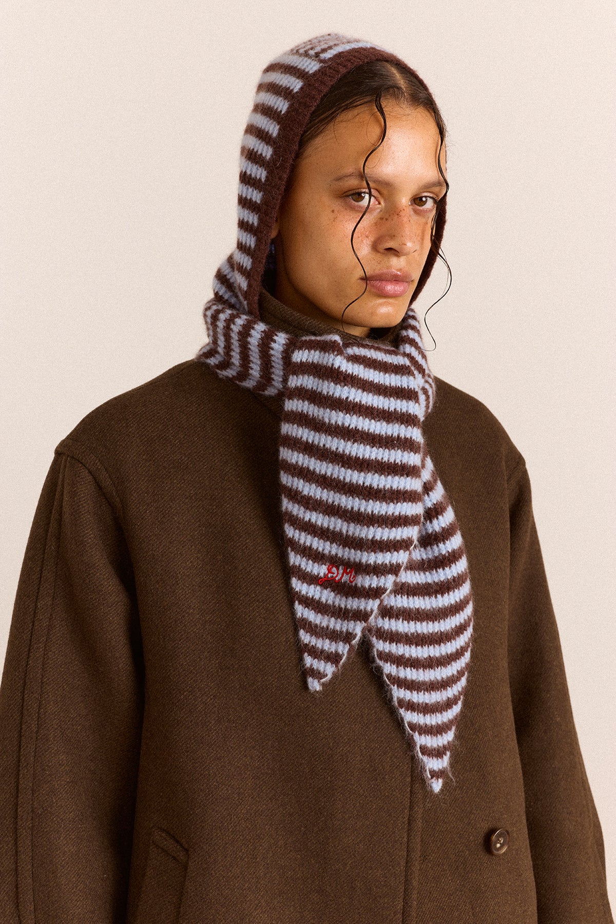 Tie Front Hood - Blue & Chocolate Stripe