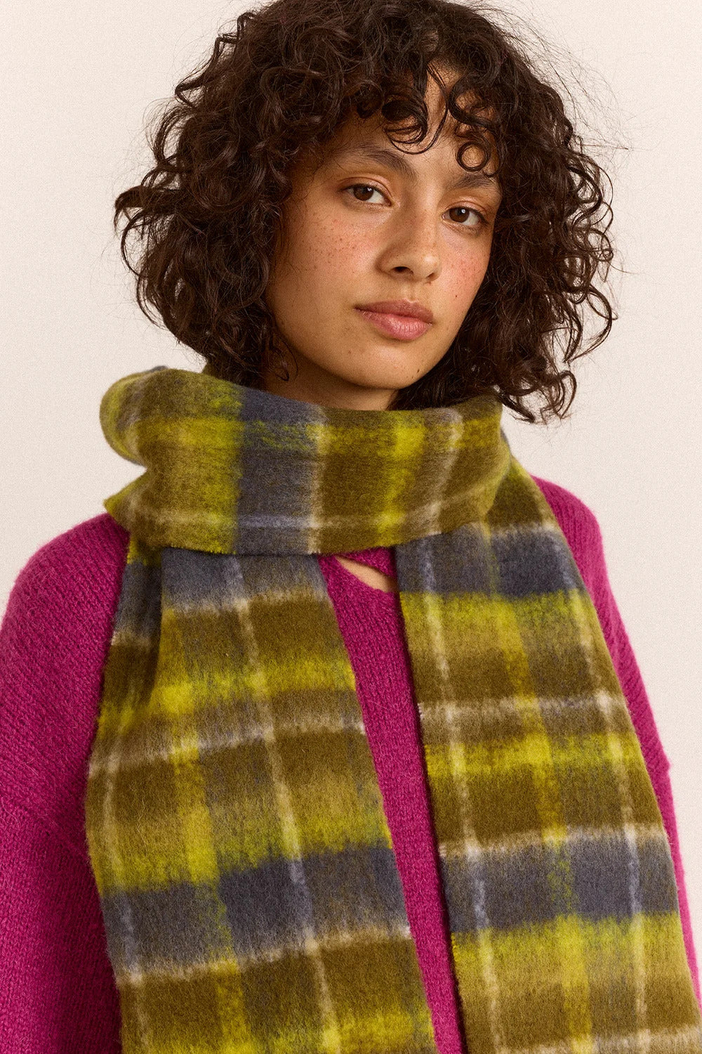 Brushed Fluffy Slim Scarf - Lark Green Check