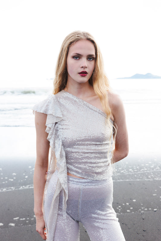 The Mirror Sequin One Shoulder Frill Top