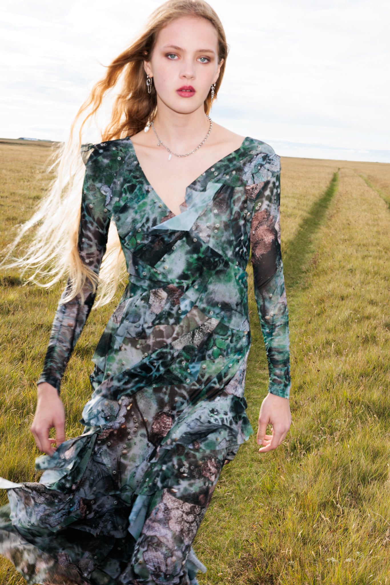 The Frill maxi dress in Dark forest