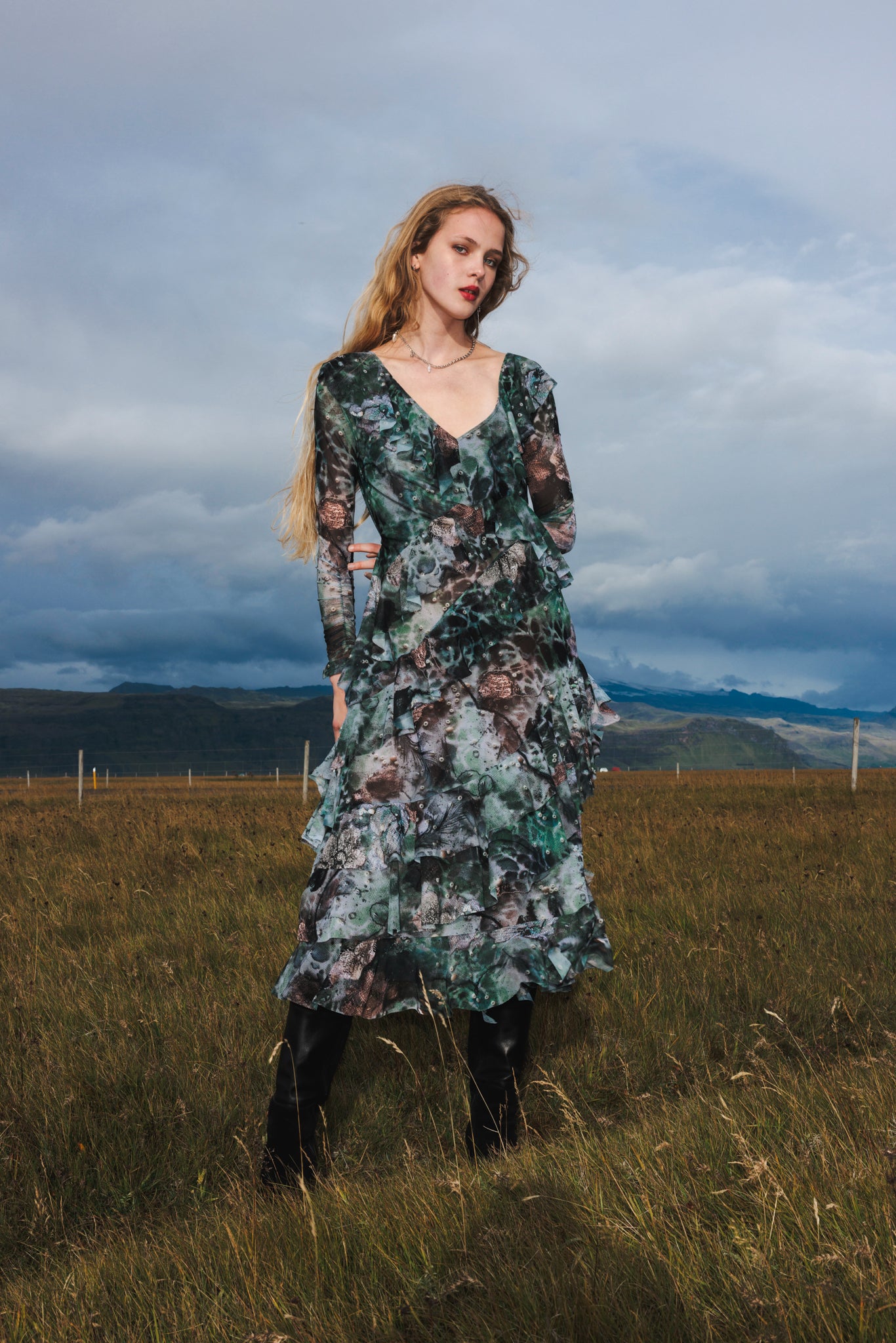 The Frill maxi dress in Dark forest
