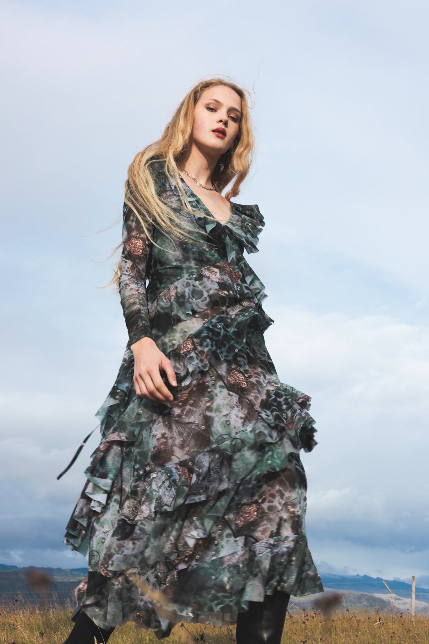 The Frill maxi dress in Dark forest