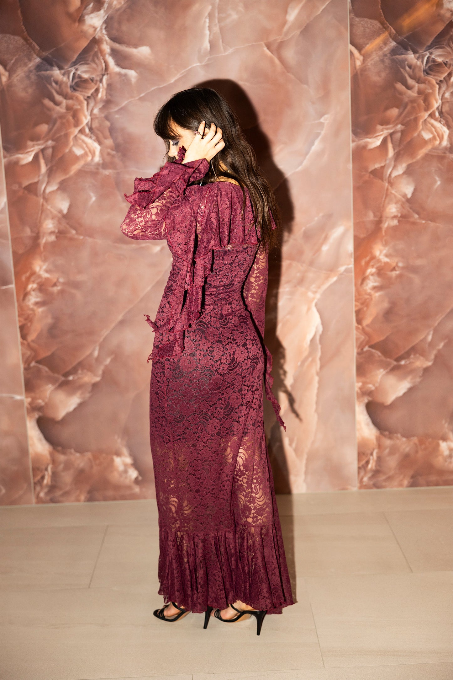 The Aurora dress in Burgundy Lace