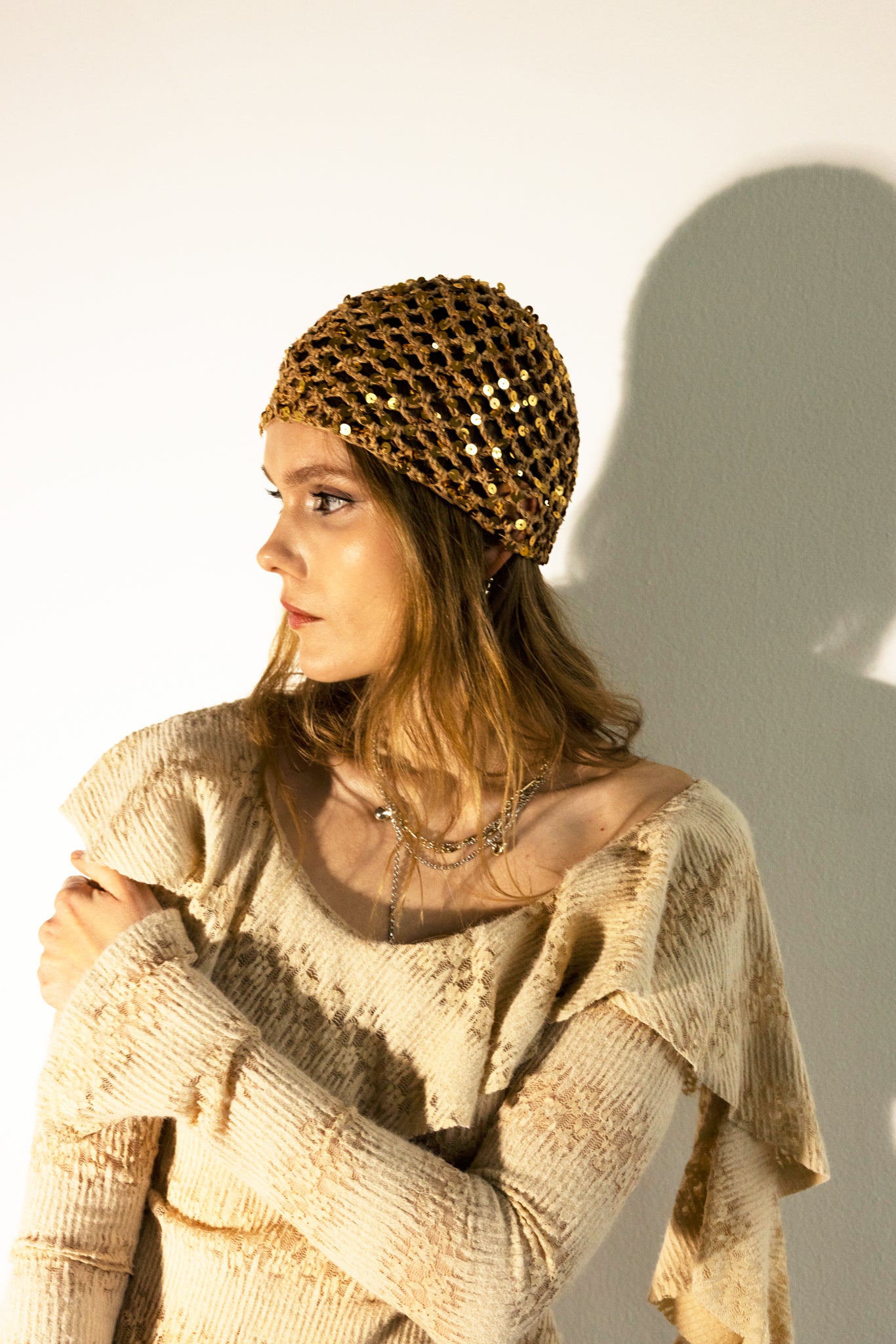 The Sequin Crochet Cap in Champagne