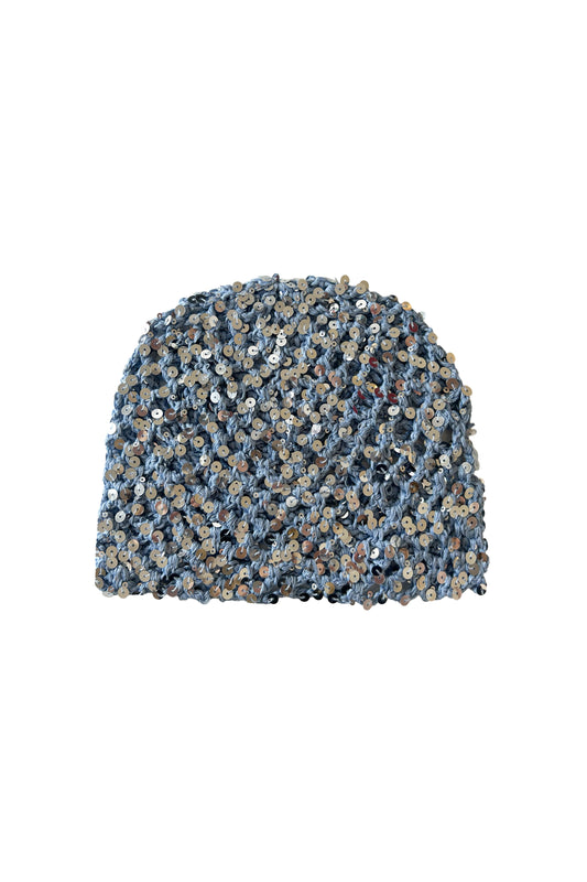 The Sequin Crochet Cap in Dusty Blue