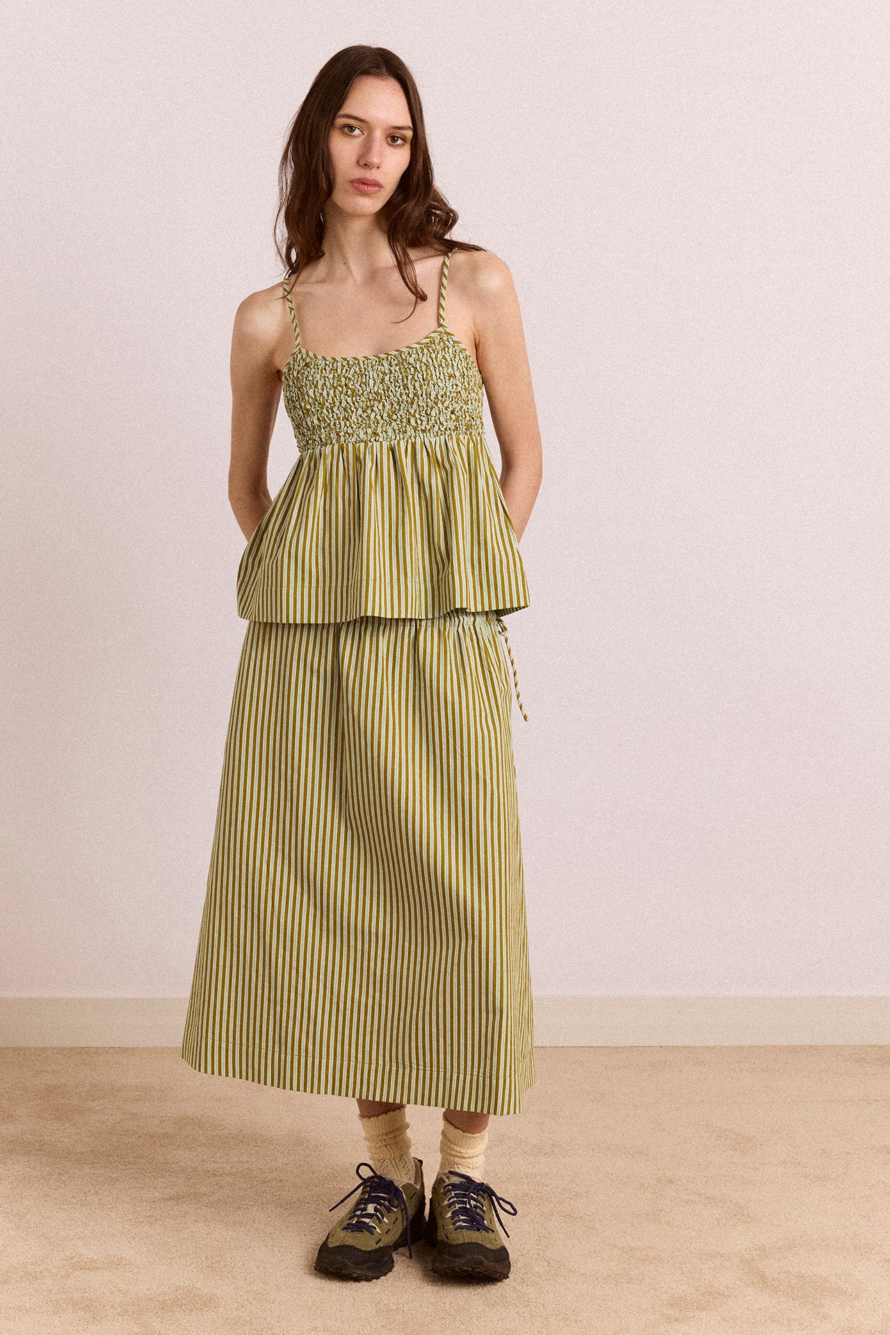 Caspia Volume Midi Skirt Basil Stripe