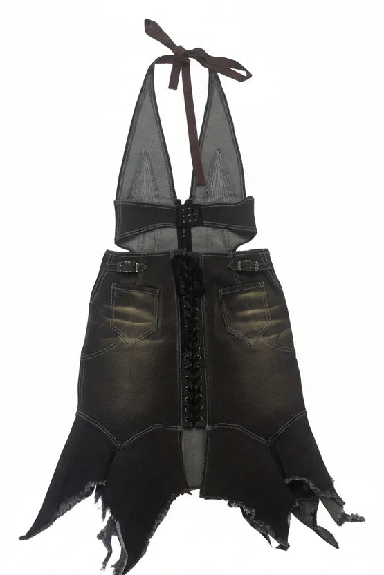 Distressed Denim Halter Dress