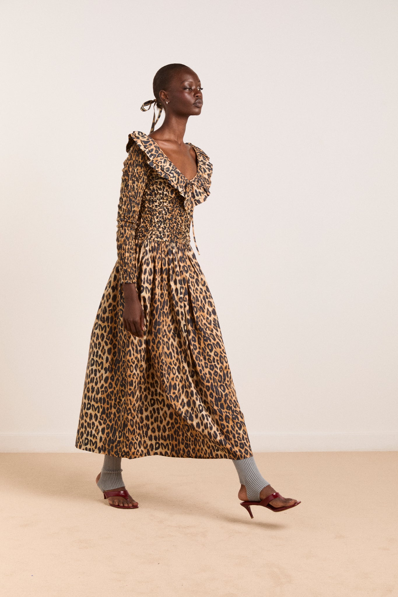 Harper Shirred Midi Dress Leopard