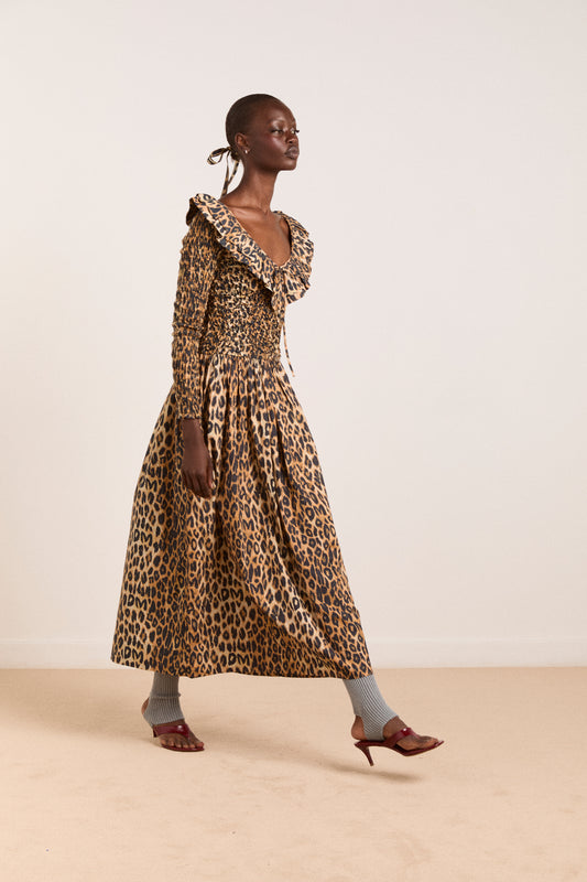 Harper Shirred Midi Dress Leopard