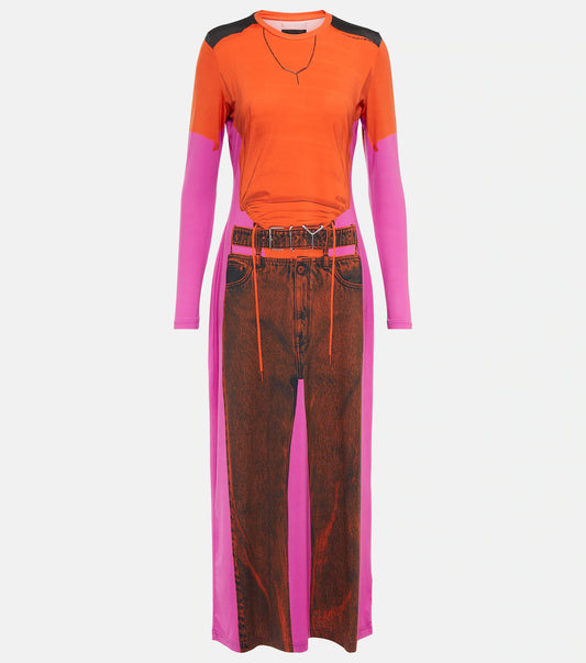 Trompe L'oeil Belt Denim Maxi Dress - Orange/Pink
