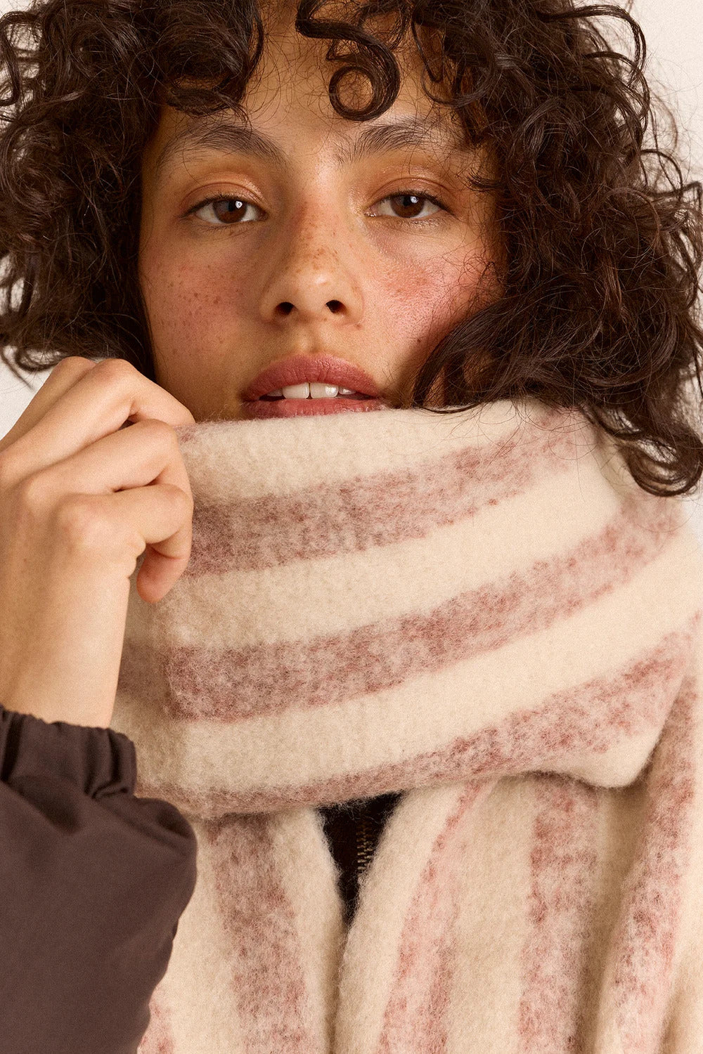 Brushed Fluffy Scarf - Chocolate & Ecru Stripe