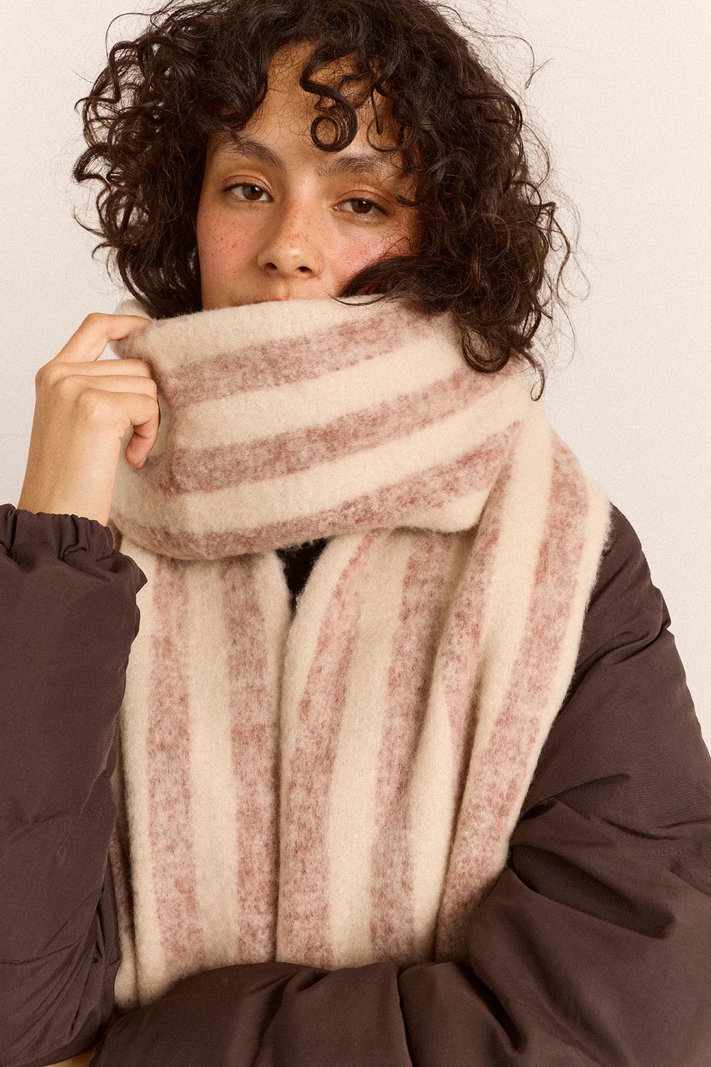 Brushed Fluffy Scarf - Chocolate & Ecru Stripe