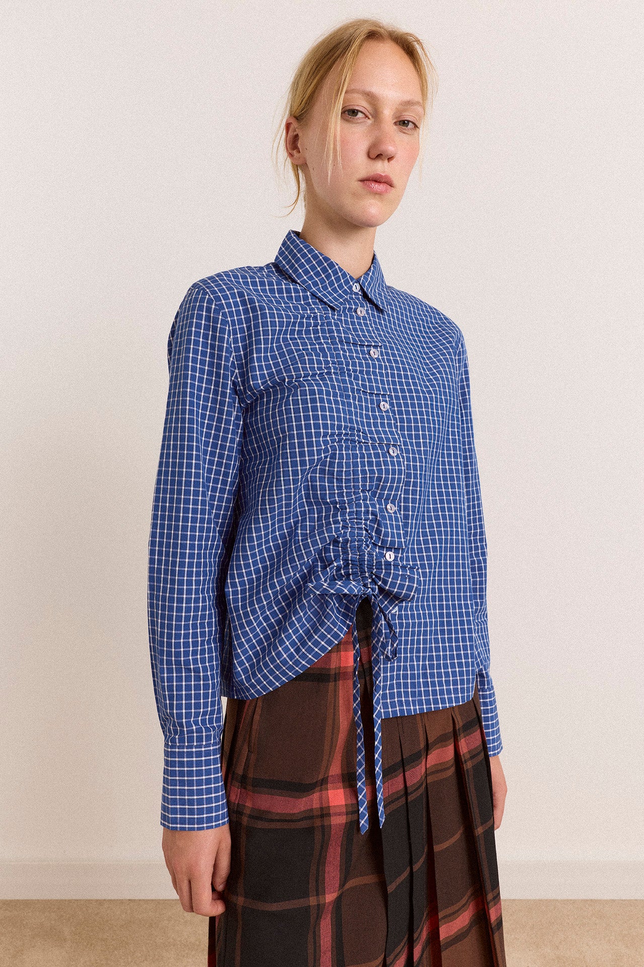 Talia Ruched Shirt - Blue Check