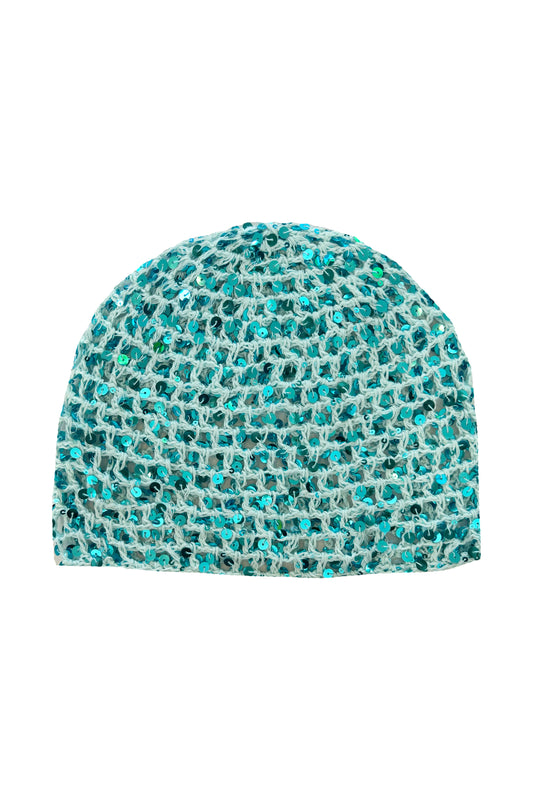 The Sequin Crochet Cap in Light Blue