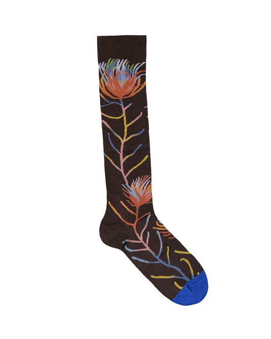 Dark Brown Floral Socks Knee-High