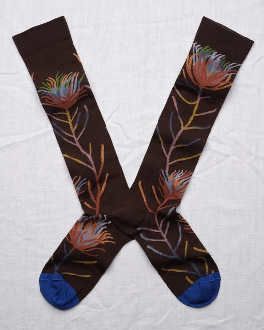Dark Brown Floral Socks Knee-High