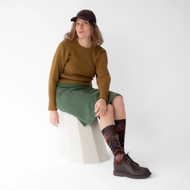 Dark Brown Floral Socks Knee-High