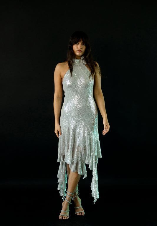 Rose Halter Dress in Mirror Sequin