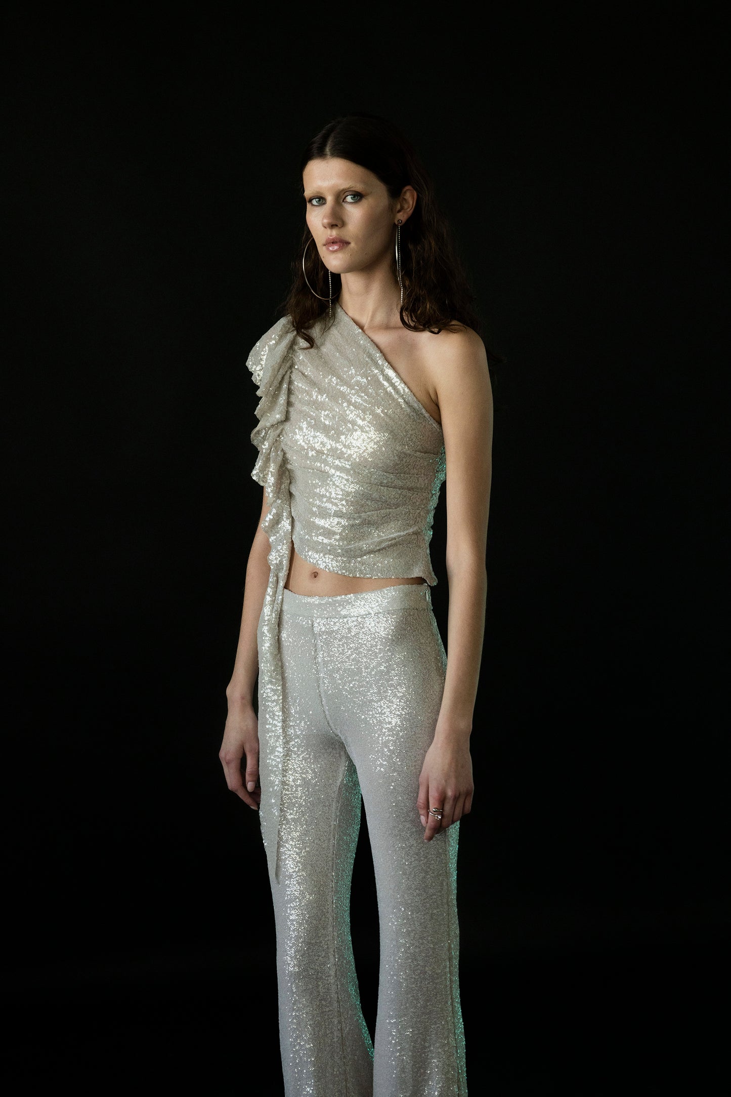 The Mirror Sequin One Shoulder Frill Top