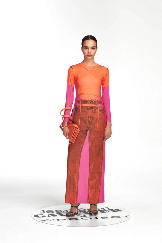 Trompe L'oeil Belt Denim Maxi Dress - Orange/Pink